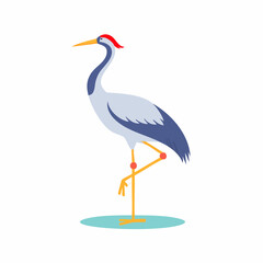 Stylized Crane Standing Gracefully on One Leg with Red Crest Detail