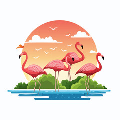 Graceful Flamingos Silhouetted Against a Sunset Sky and Water Scene