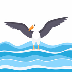 Cartoon Seagull with Outstretched Wings Above Blue Ocean Waves