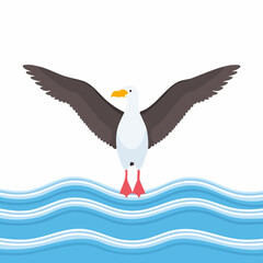Cartoon Seagull with Outstretched Wings Above Blue Ocean Waves