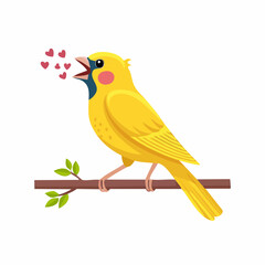 Cartoon canary singing love songs, perched on a branch with green leaves