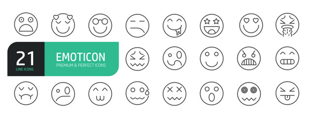 Set of line icons related to emoticon, smiley, expression. Outline icons collection