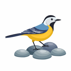 Obraz premium Stylized Yellow-Bellied Bird Perched Atop Smooth Gray Stones, Facing Right
