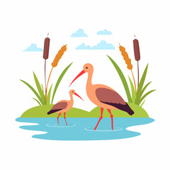 Two stylized ibis wading in shallow water near cattails illustration