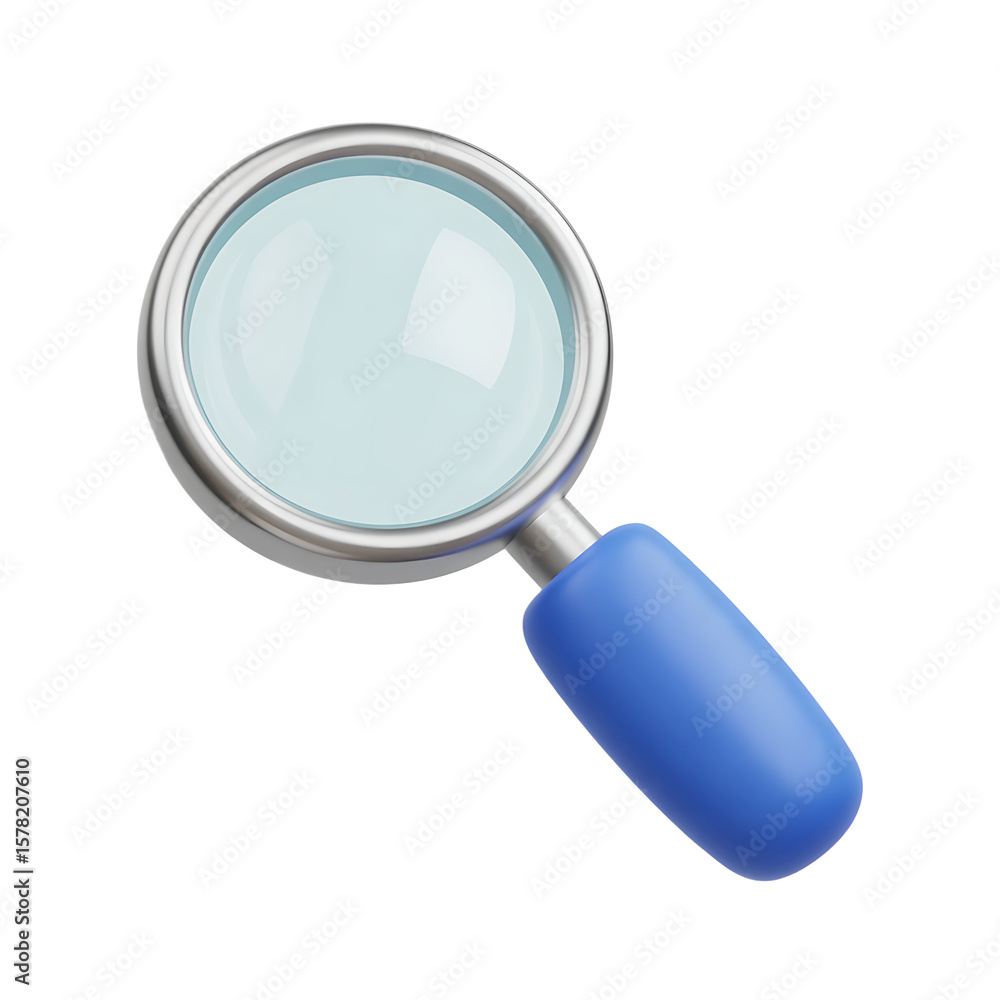Poster 3d rendering of a magnifying glass with blue handle on transparent background