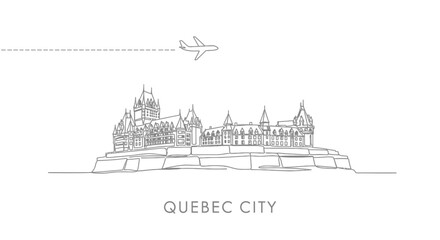 Quebec City Skyline Line Art with Plane, and Travel.