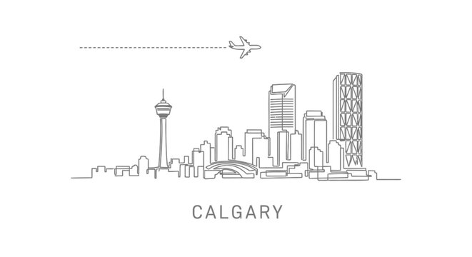 Calgary Skyline Airplane vector with outline.