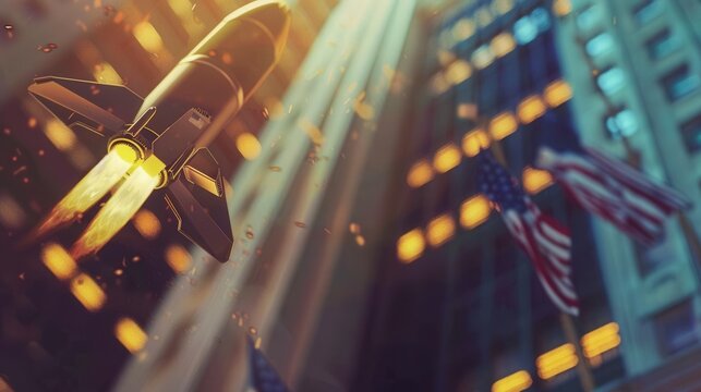 flat design IPO rocket launching from stock exchange building gold and navy on rocket .