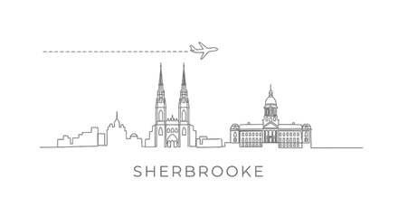 Fototapeta premium Sherbrooke Skyline Line Art with Airplane, and Canada.