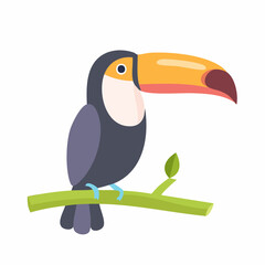 Naklejka premium Colorful Cartoon Toucan Perched on a Green Branch with Leaf Detail