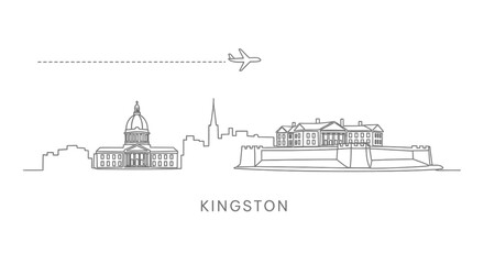 Kingston Skyline with Minimalist Art, and Airplane Icon.