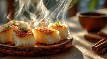 Delicious freshly cooked Japanese rice cakes with steaming aroma served on a rustic wooden plate in warm natural light