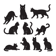 Silhouette Cats in Various Poses Black and White Feline Silhouettes Expressing Cat Behavior and Emotions, Isolated Black Figures on White Backdrop