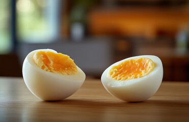 Boiled egg cuts in half. Boiled chicken egg for breakfast without eggshell