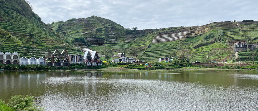 A view of a small village near the lake at Dieng Wonosobo.