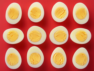 Top view of boiled eggs on colorful background. Boiled egg cuts in half.