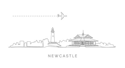 Fototapeta premium Newcastle skyline with vector, minimalist, and airplane.