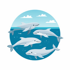 Obraz premium Group of Whales and Dolphins in a Circular Ocean Scene