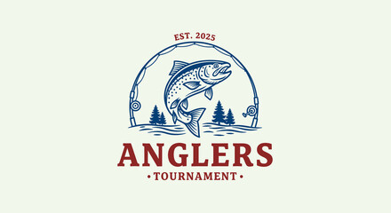 Anglers Tournament Logo: Leaping Trout with Fishing Rod and Reel, Est. 2025