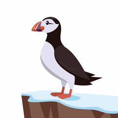 Naklejka premium Cartoon Puffin Perched on Ice Cliff, Featuring Distinctive Orange Beak