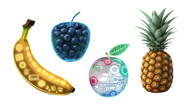 Futuristic fruits banana blueberry apple pineapple with digital circuitry isolated on transparent background