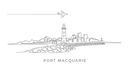 Fototapeta premium Port Macquarie Skyline with line art, and airplane.