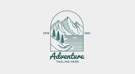 Arched Line Art Logo: Mountains, Lake, and Hand, Est. 2022