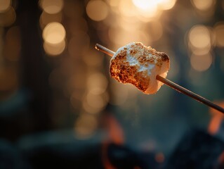 Close-up of a roasted hmallow on a stick with blurred sunset background and warm glow lighting