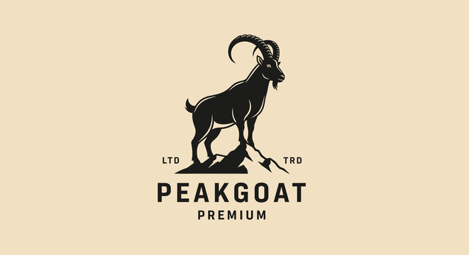 Majestic Black Silhouette of a Markhor Goat Standing on a Mountain Peak, Vintage Logo Design