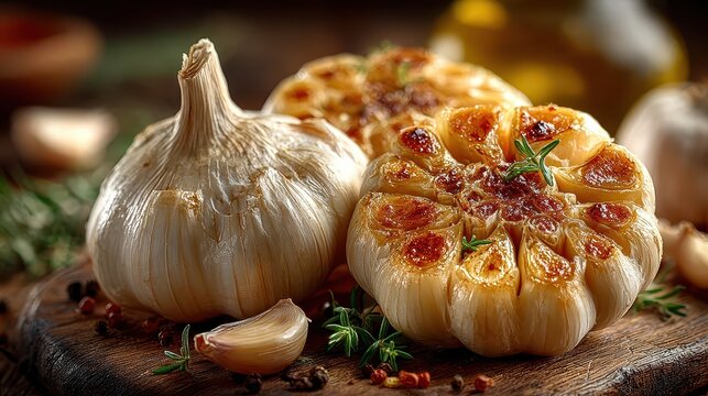 Close-up of roasted garlic bulbs with caramelized cloves on a wooden surface with fresh herbs and spices