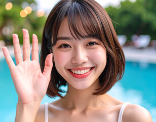 ビーチで手を振る若い女性/
Young woman waving on the beach