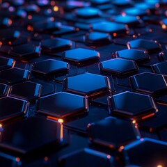 Fototapeta premium Futuristic hexagonal grid pattern in chrome and matte black sharp lines ambient blue backlighting