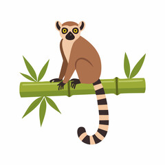 Cartoon Ring-tailed Lemur Perched on Green Bamboo Branch with Leaves