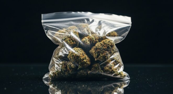 A clear plastic bag filled with cannabis buds rests on a dark reflective surface