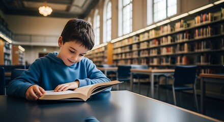 Young boy engrossed in reading a book at the library, Lost in the pages: A young reader's quiet moment in the library