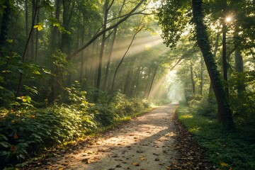 Naklejka premium Sunbeams pierce through dense forest canopy illuminating a winding path in early morning light