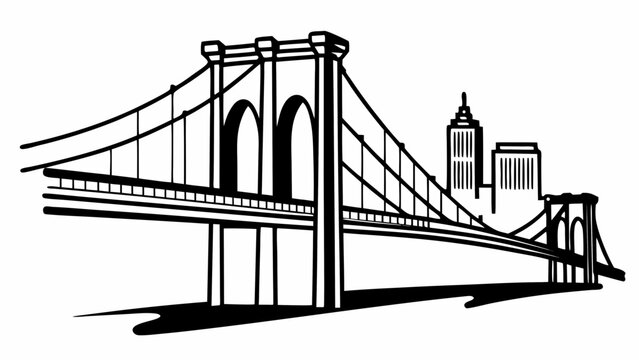 A stylized black and white illustration of the Brooklyn Bridge with a cityscape in the background.