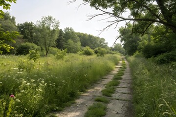 Obraz premium A winding dirt path through a lush green meadow with wildflowers and trees overhead