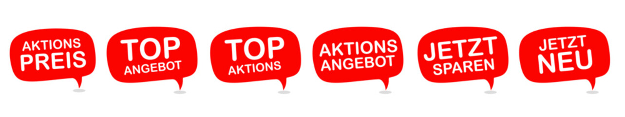 Six promotional labels in German language : Promotional price, top offer, top action, new now, offer offer and save now