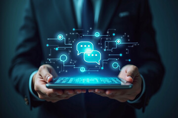 Businessman holding tablet with ai agent chatbot and digital interface technology