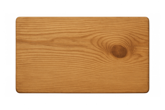Rectangular light brown wooden board with rounded corners and visible wood grain, isolated on a transparent background