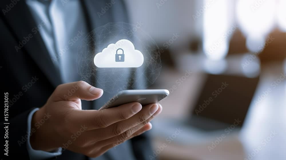 Poster a man is holding a cell phone with a cloud on it. the cloud is a symbol for a secure cloud storage