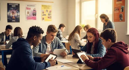 Classroom Technology: Students Collaborate on Tablet Projects in a Modern Learning Environment, Diverse Students Engaging with Technology in a Collaborative Classroom Setting