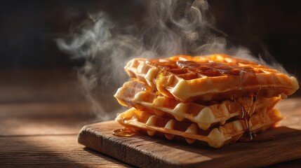 Delicious freshly cooked layered muffins with caramel sauce and melting cream on rustic wood surface