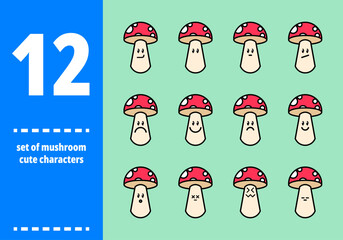 Set of 12 Cute Mushroom Characters with Different Facial Expressions