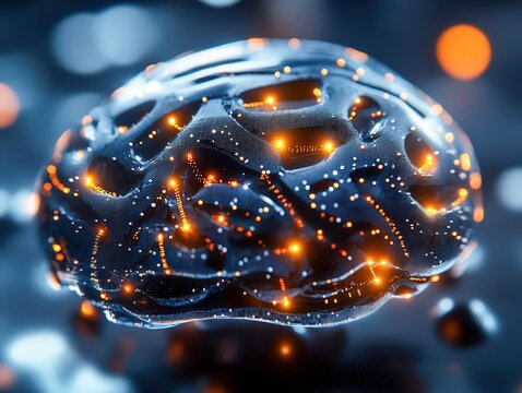Floating AI brain model with glowing synaptic connections dark gradient background medical tech theme no brand references