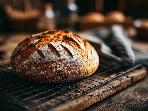 Delicious freshly baked artisan round loaf bread with crusty exterior and detailed sco on rustic wooden surface