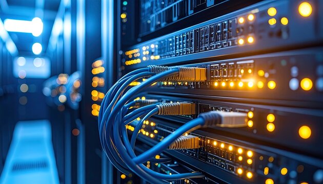 Network server racks with connected cables with data center and data transfer concept.