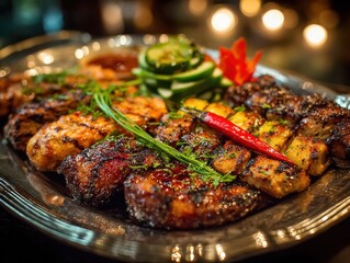 Assorted grilled meat and vegetable platter with spices herbs and fresh salad on large metal dish