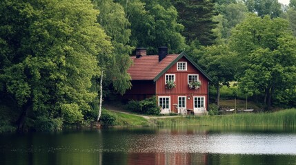 Fototapeta premium Red house by a lake in a forest